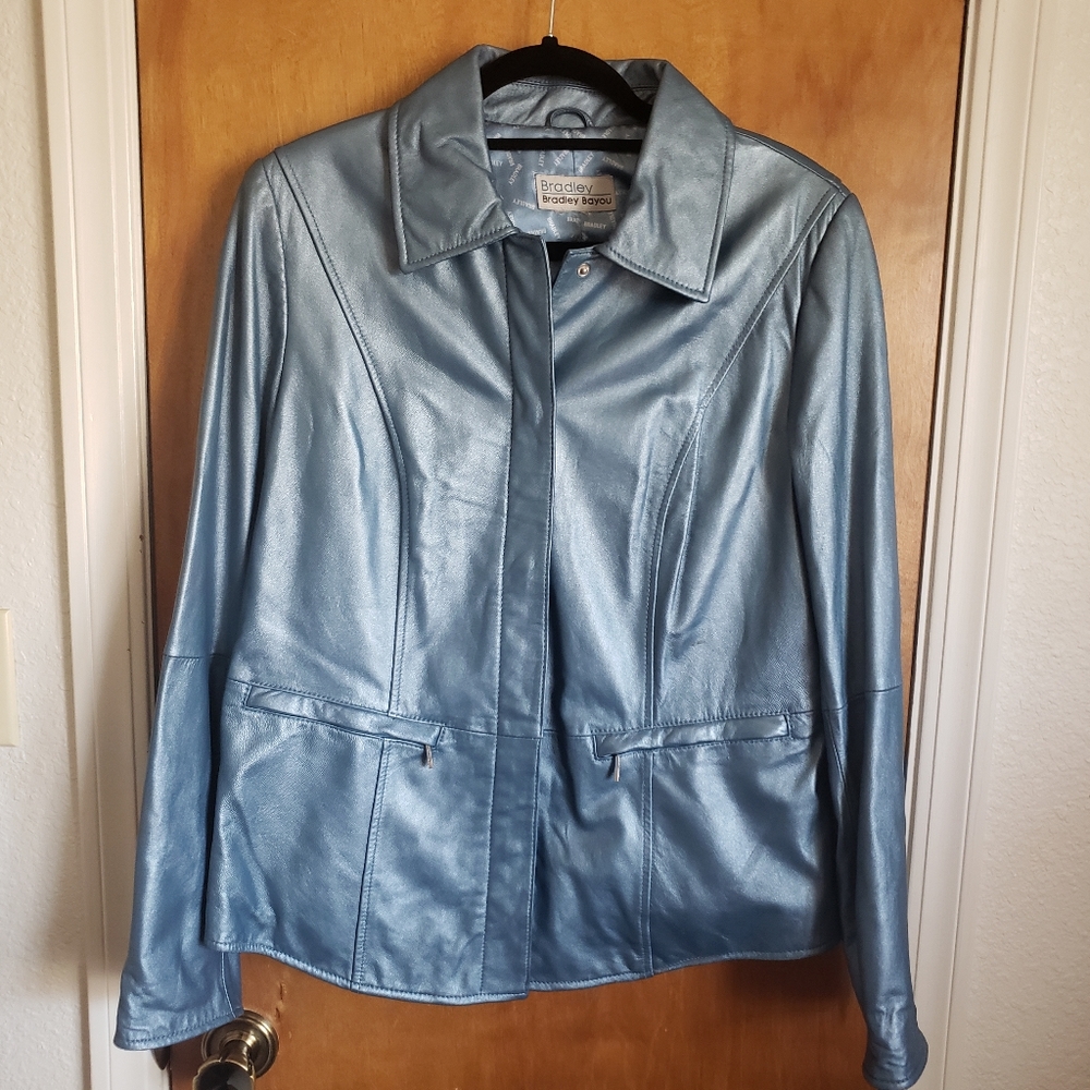 Bradley Bayou genuine leather metallic blue pearl blazer jacket